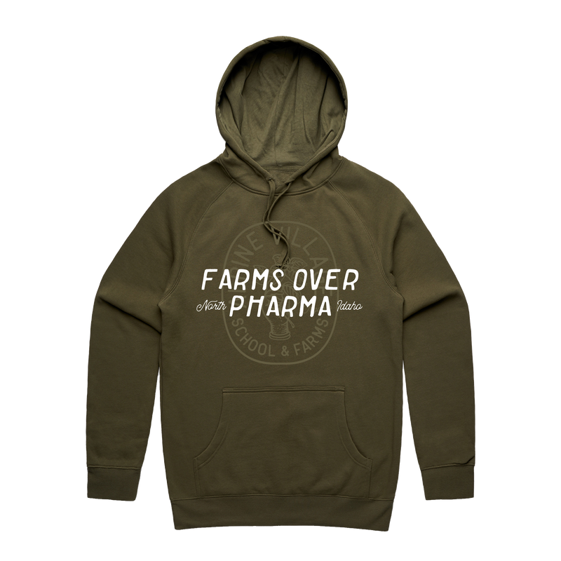 FARMS OVER PHARMA HOODIE (ARMY GREEN WITH WHITE/GREEN)