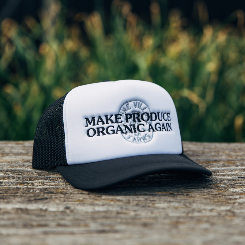 MAKE PRODUCE ORGANIC AGAIN TRUCKER HAT (BLACK/WHITE WITH BLACK/CHARCOAL)