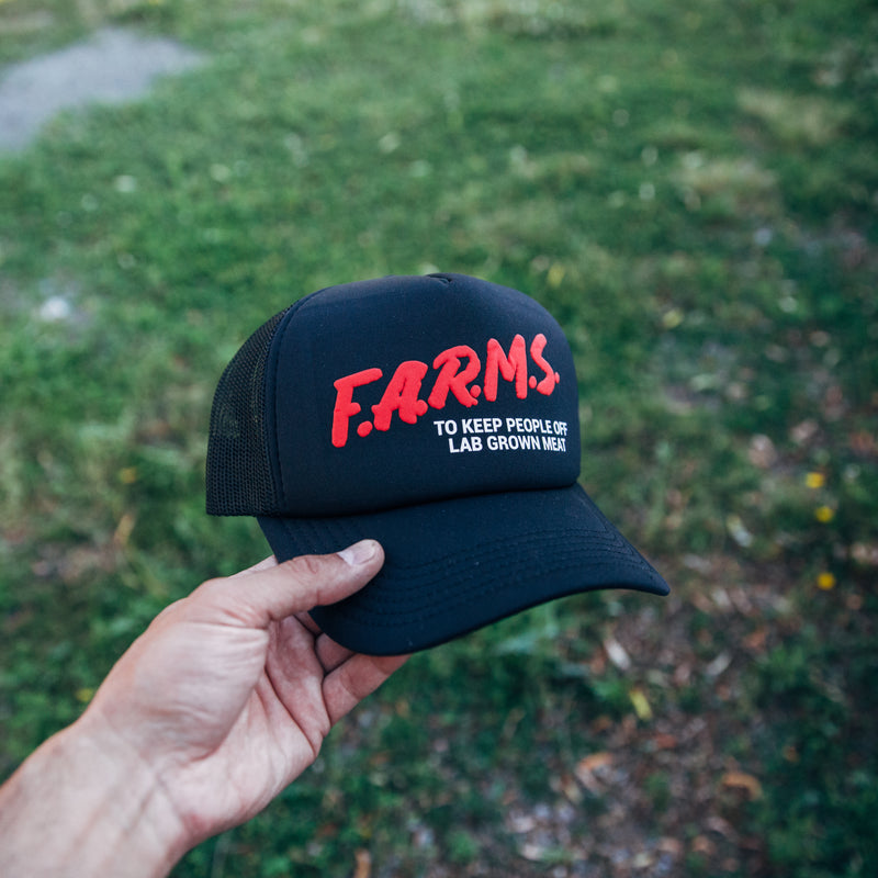 F.A.R.M.S. TO KEEP PEOPLE OFF LAB GROWN MEAT TRUCKER HAT (BLACK)