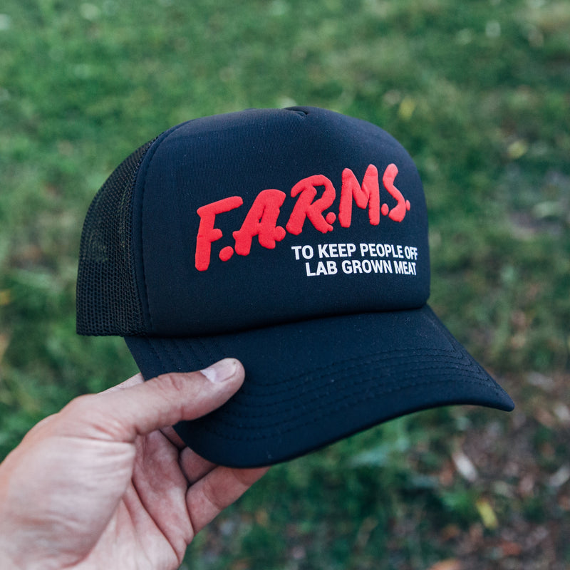 F.A.R.M.S. TO KEEP PEOPLE OFF LAB GROWN MEAT TRUCKER HAT (BLACK)