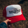 MAKE PRODUCE ORGANIC AGAIN TRUCKER HAT (RED/WHITE WITH BLACK/CHARCOAL)