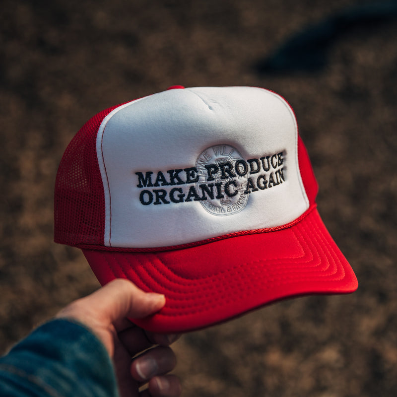 MAKE PRODUCE ORGANIC AGAIN TRUCKER HAT (RED/WHITE WITH BLACK/CHARCOAL)