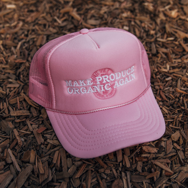 MAKE PRODUCE ORGANIC AGAIN TRUCKER HAT (PINK WITH WHITE/PINK)