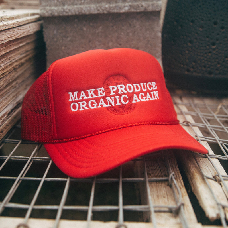 MAKE PRODUCE ORGANIC AGAIN TRUCKER HAT (RED WITH WHITE/RED)