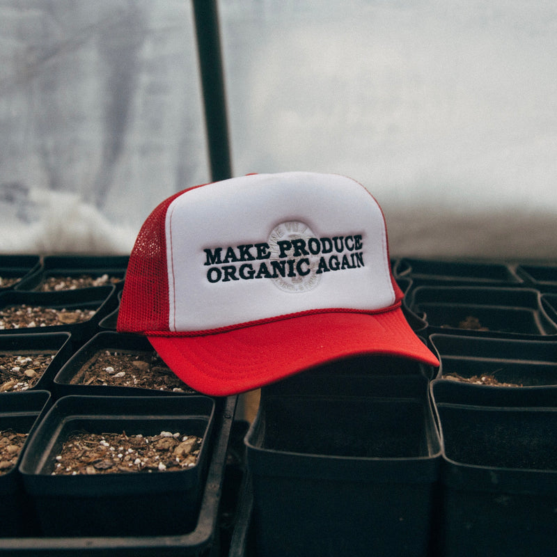 MAKE PRODUCE ORGANIC AGAIN TRUCKER HAT (RED/WHITE WITH BLACK/CHARCOAL)