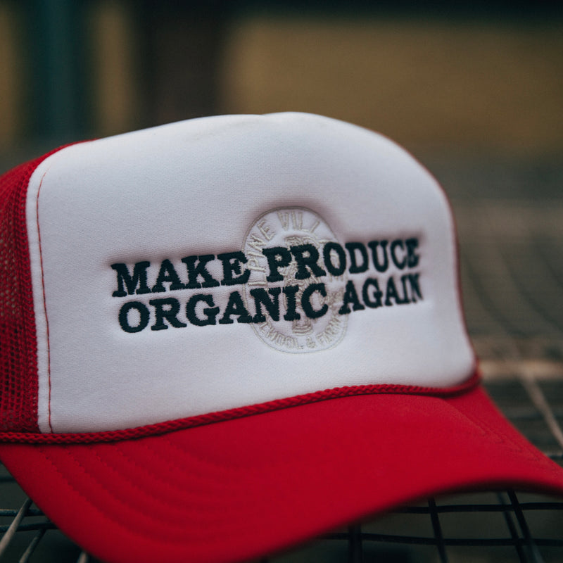 MAKE PRODUCE ORGANIC AGAIN TRUCKER HAT (RED/WHITE WITH BLACK/CHARCOAL)