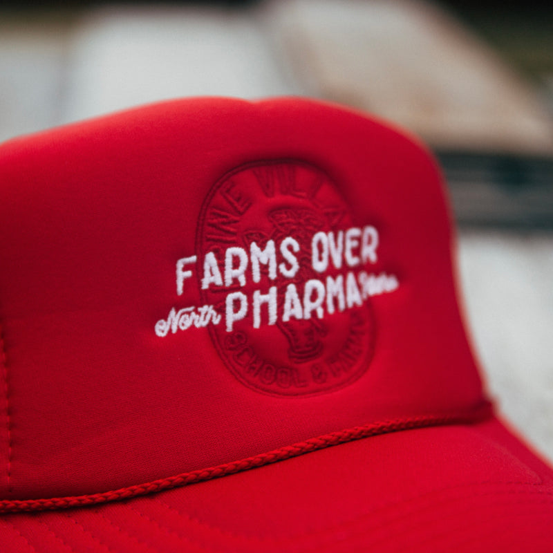 FARMS OVER PHARMA TRUCKER HAT (RED WITH WHITE/RED)