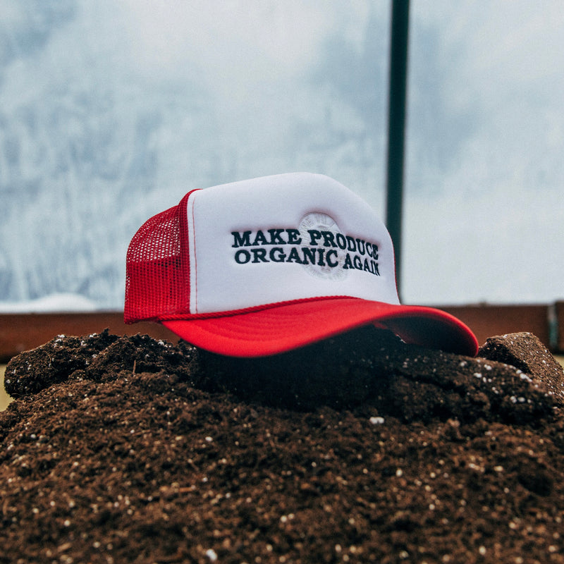 MAKE PRODUCE ORGANIC AGAIN TRUCKER HAT (RED/WHITE WITH BLACK/CHARCOAL)