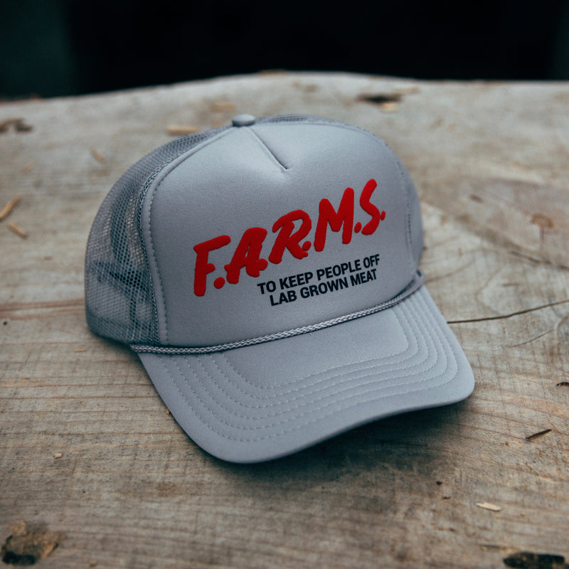 F.A.R.M.S. TO KEEP PEOPLE OFF LAB GROWN MEAT TRUCKER HAT (GREY)