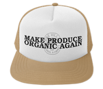 MAKE PRODUCE ORGANIC AGAIN TRUCKER HAT (TAN/WHITE WITH BLACK/CHARCOAL)