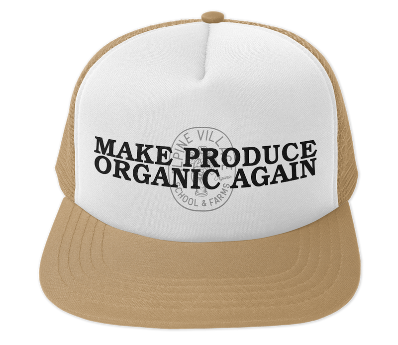 MAKE PRODUCE ORGANIC AGAIN TRUCKER HAT (TAN/WHITE WITH BLACK/CHARCOAL)